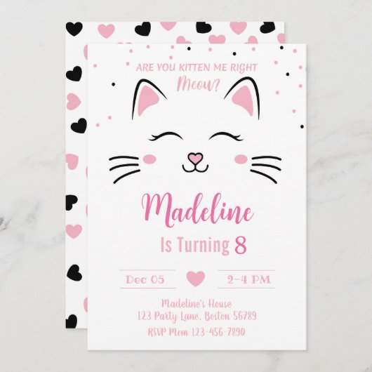 Invitation d'anniversaire de chat Kitten Invitatio (Devant / Derrière)
