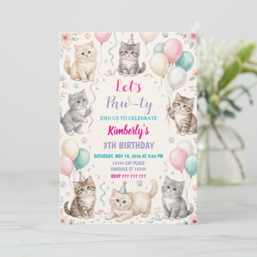Invitation d'anniversaire de chat Kitten Party Paw (Debout devant)