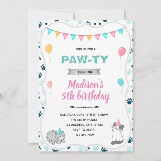 Invitation d'anniversaire de chat mignon (Devant)