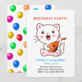 Invitation d'anniversaire de chat mignon & ballons (Devant / Derrière)