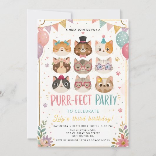 Invitation d'anniversaire de chat parfaite (Devant)
