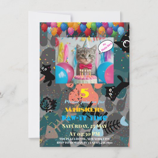 Invitation d'anniversaire de chat personnalisée à  (Devant)