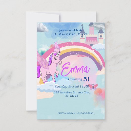 Invitation d'anniversaire de château de licorne mi (Devant)