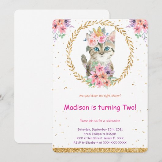 Invitation d'anniversaire de chaton (Devant / Derrière)