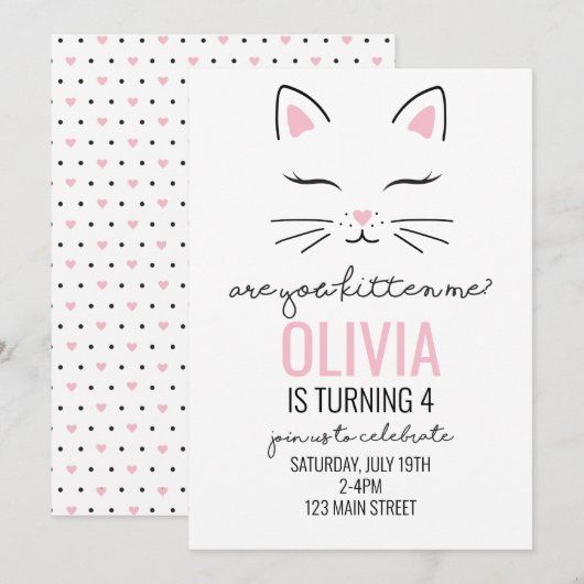 Invitation d'anniversaire de chaton avec coeurs ro (Devant / Derrière)
