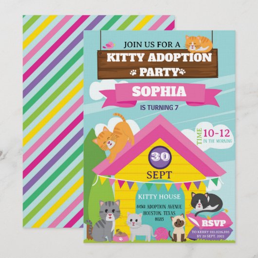 Invitation d'anniversaire de chaton / Fête de chat (Devant / Derrière)