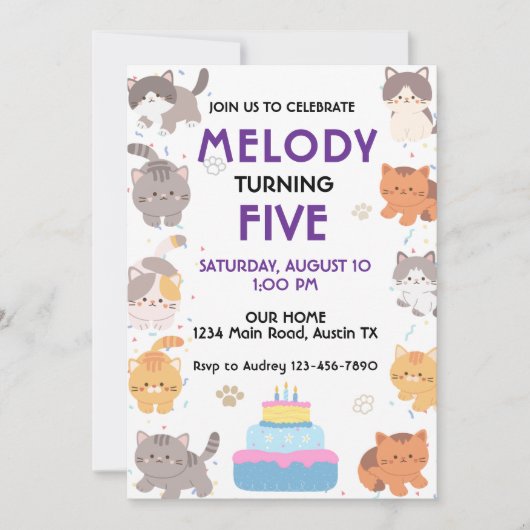 Invitation d'anniversaire de chats mignons (Devant)