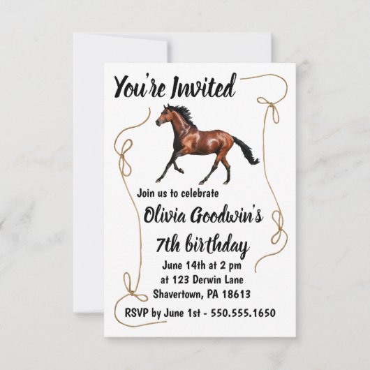 Invitation d'anniversaire de cheval en course avec (Devant)