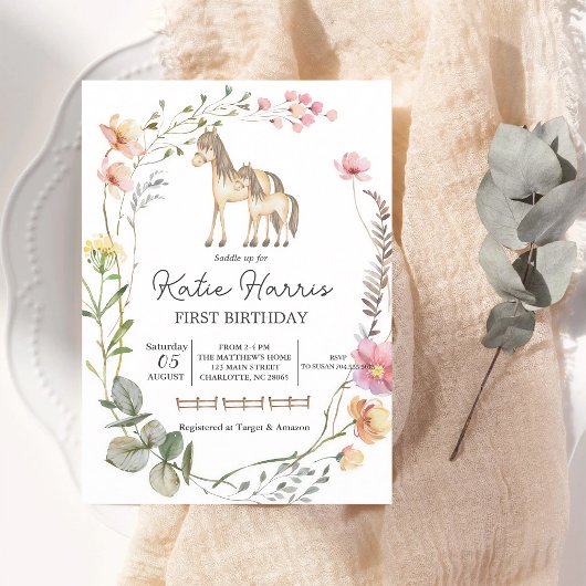Invitation d'anniversaire de cheval fleur sauvage