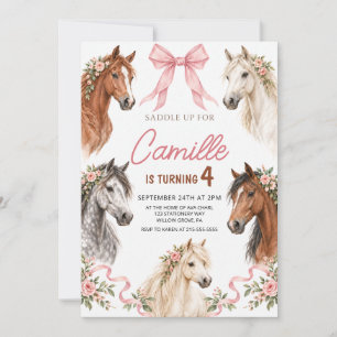Invitation d'anniversaire de cheval floral à ruban