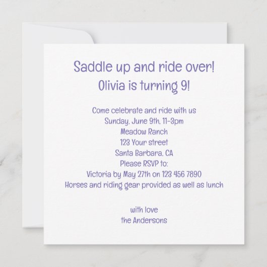 Invitation d'anniversaire de cheval mangeant du gâ (Dos)