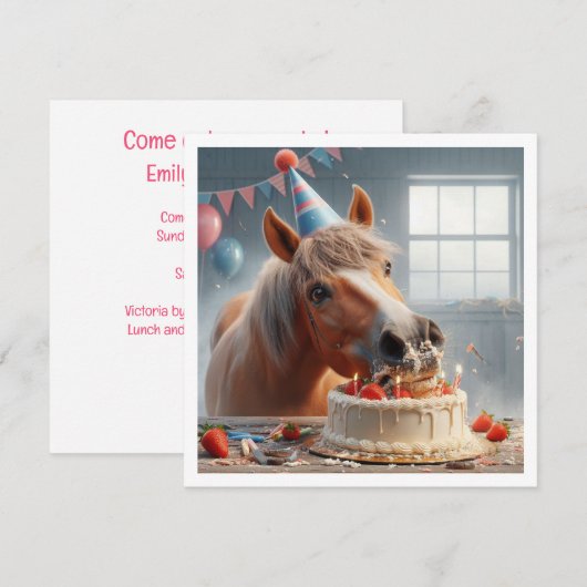 Invitation d'anniversaire de cheval mangeant du gâ (Devant / Derrière)