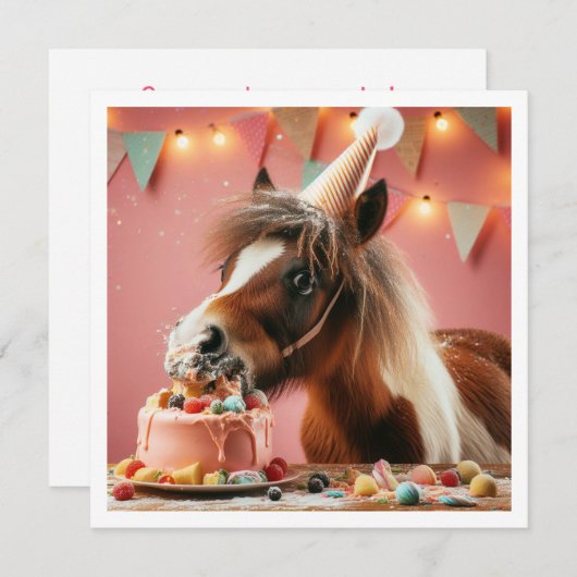 Invitation d'anniversaire de cheval mangeant du gâ (Devant / Derrière)