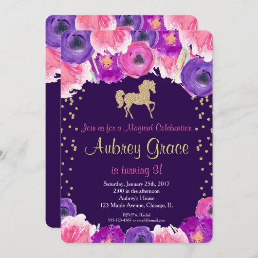 Invitation d'anniversaire de cheval, or pourpre (Devant / Derrière)
