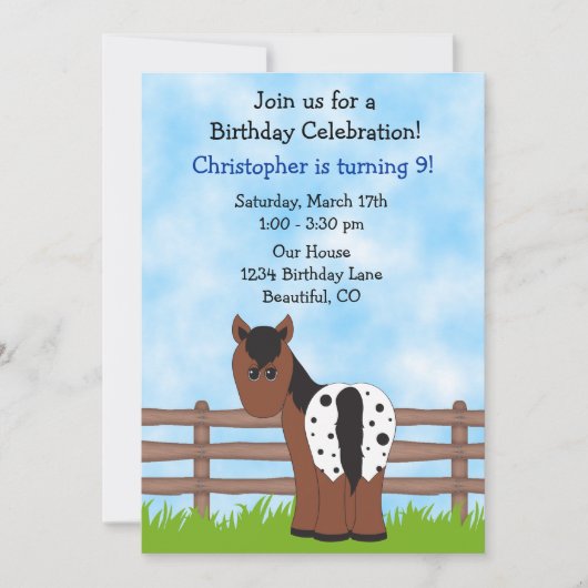 Invitation d'anniversaire de cheval pour garçons (Devant)