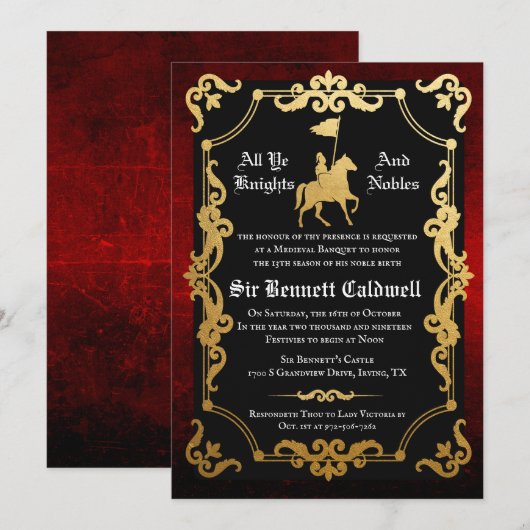Invitation d'anniversaire de chevalier médiéval jo (Devant / Derrière)