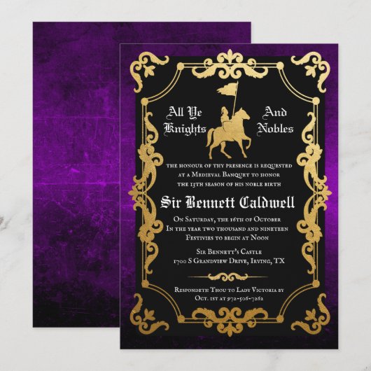 Invitation d'anniversaire de chevalier médiéval jo (Devant / Derrière)