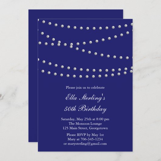 Invitation d'anniversaire de Chic Pearls (indigo) (Devant / Derrière)