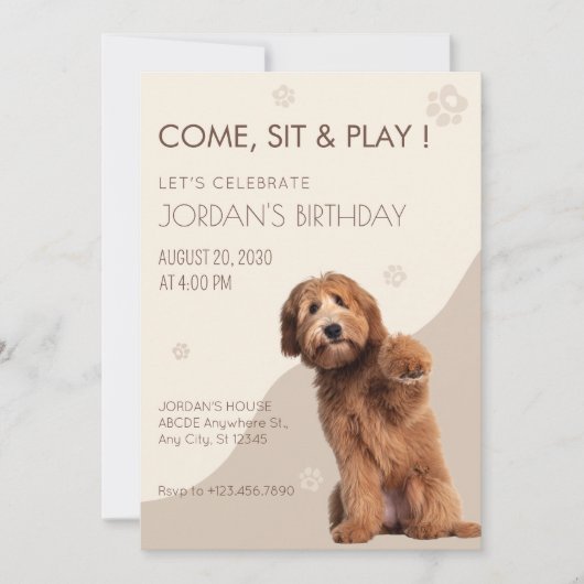 Invitation d'anniversaire de chien jouant beige (Devant)