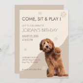 Invitation d'anniversaire de chien jouant beige (Devant / Derrière)