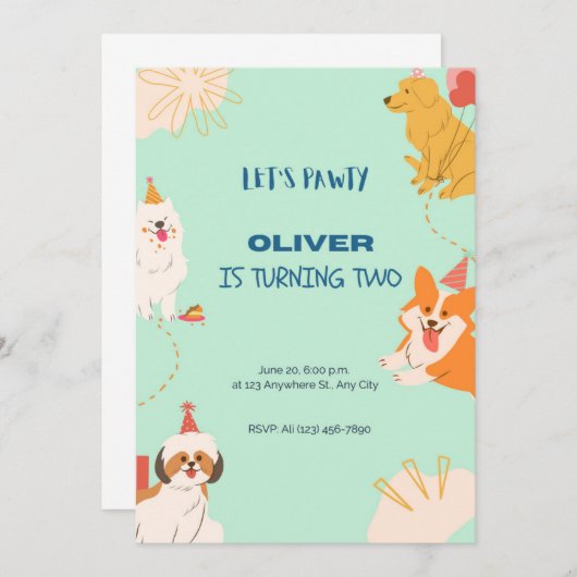 Invitation d'anniversaire de chien, Puppy Pawty In (Devant / Derrière)
