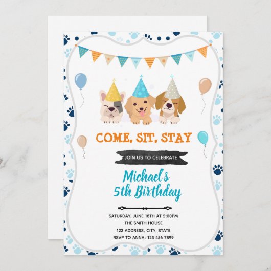 Invitation d'anniversaire de chiot chien mignon (Devant / Derrière)