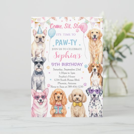 Invitation d'anniversaire de chiot Fête de chien P (Debout devant)