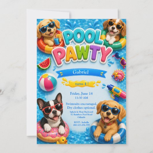 Invitation d'anniversaire de chiot Pool Pawty (Devant)