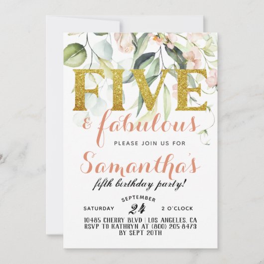 Invitation d'anniversaire de cinq filles fabuleuse (Devant)