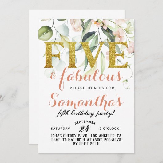 Invitation d'anniversaire de cinq filles fabuleuse (Devant / Derrière)