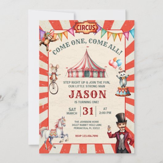 Invitation d'anniversaire de cirque carnaval rétro (Devant)