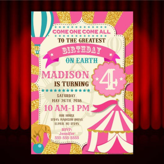 Invitation d'anniversaire de cirque Carnaval Rose