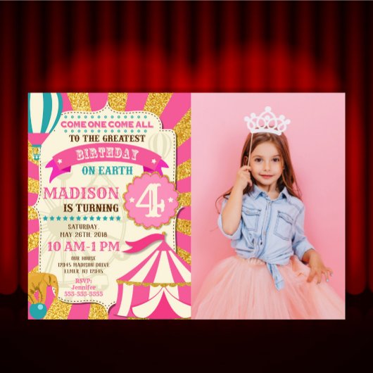 Invitation d'anniversaire de cirque Carnaval Rose 