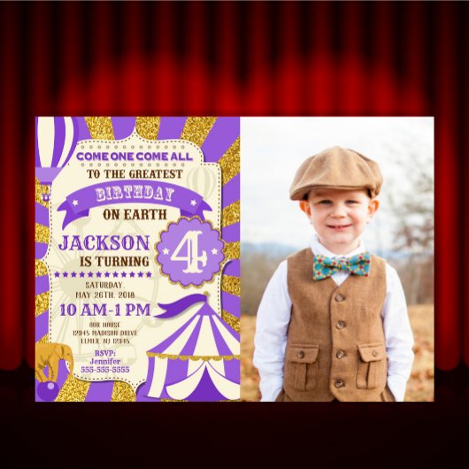 Invitation d'anniversaire de cirque Carnaval Viole