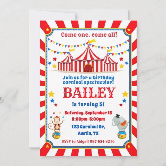 Invitation d'anniversaire de cirque invitation de  (Devant)