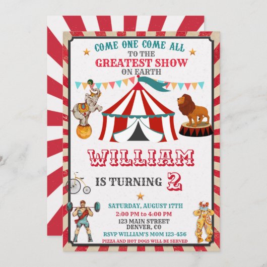 Invitation d'anniversaire de cirque Vintage Circus (Devant / Derrière)