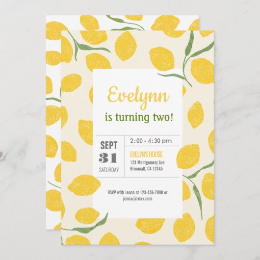 Invitation d'anniversaire de citron (Devant / Derrière)