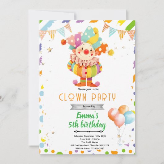 Invitation d'anniversaire de clown mignon (Devant)