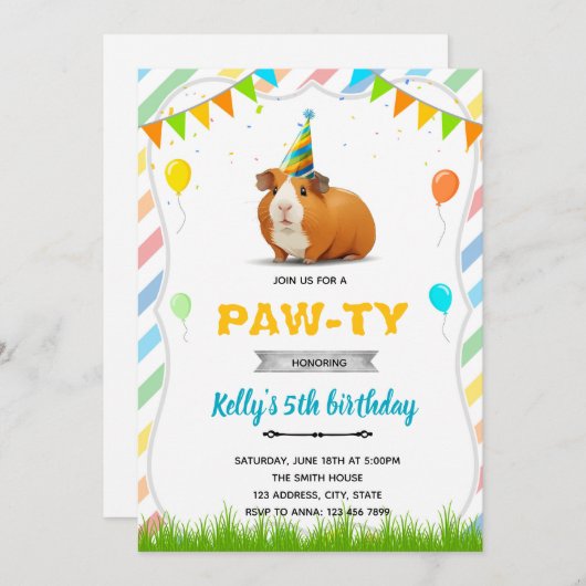 Invitation d'anniversaire de cochon d'Inde (Devant / Derrière)