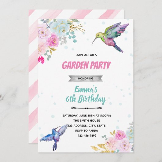 Invitation d'anniversaire de colibri (Devant / Derrière)