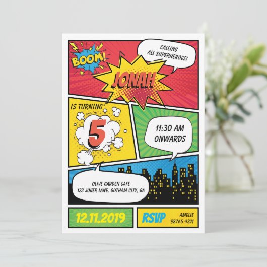 Invitation d'anniversaire de Comic Superhero (Debout devant)