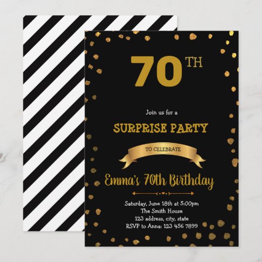 Invitation d'anniversaire de confetti noir et or (Devant / Derrière)