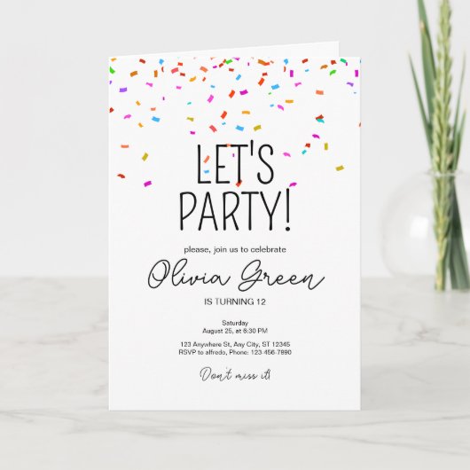 Invitation d'anniversaire de confetti simple et co (Devant)