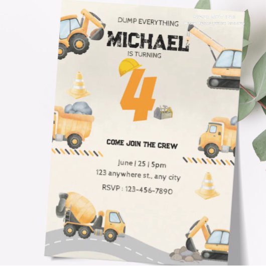 Invitation d'anniversaire de construction, camions