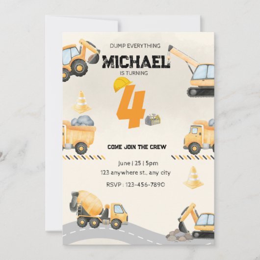 Invitation d'anniversaire de construction, camions (Devant)