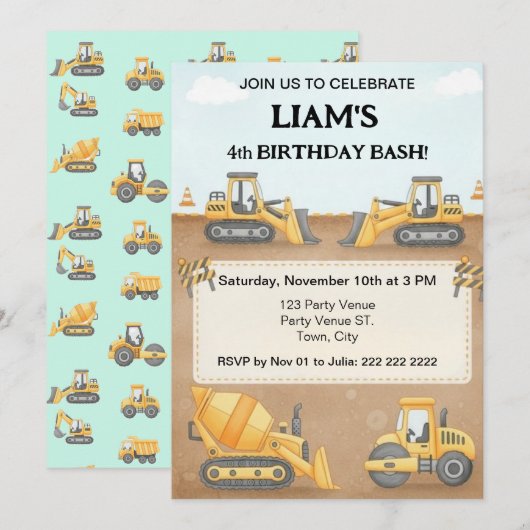 Invitation d'anniversaire de construction | Fête d (Devant / Derrière)