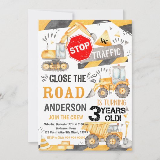 Invitation d'anniversaire de construction pour 3 a (Devant)