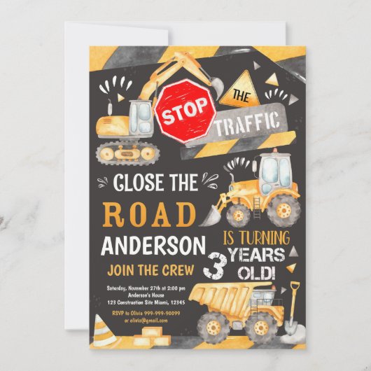Invitation d'anniversaire de construction pour 3 a (Devant)