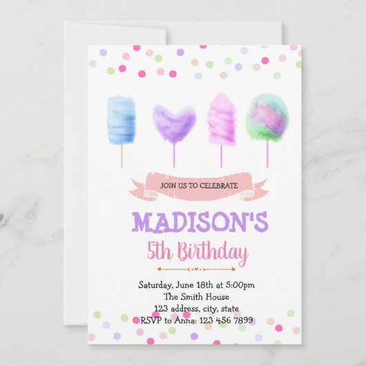 Invitation d'anniversaire de coton de bonbon migno (Devant)