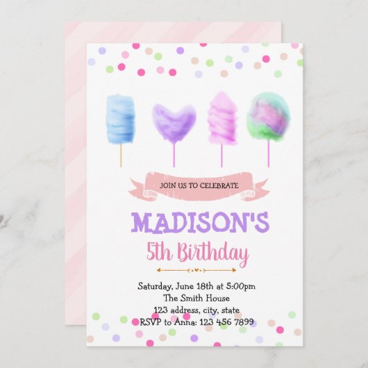 Invitation d'anniversaire de coton de sucre mignon (Devant / Derrière)